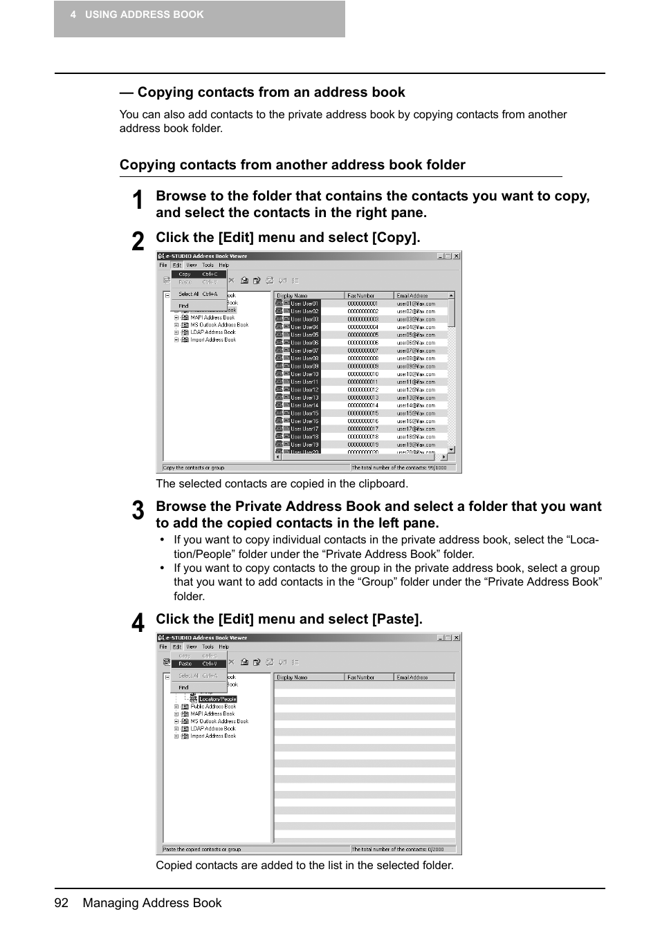 P.92 “copying contacts from an address book | Toshiba E-STUDIO 165  EN User Manual | Page 92 / 118