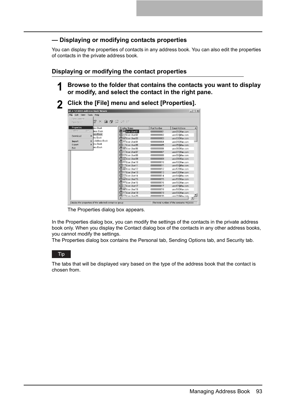 P.93 “displaying or modifying contacts properties | Toshiba E-STUDIO 165  EN User Manual | Page 93 / 118