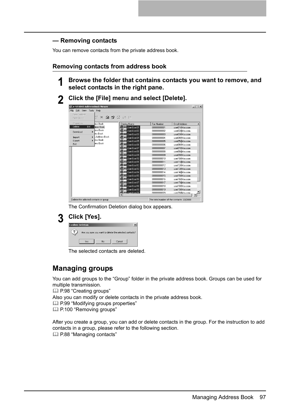 P.97 “removing contacts | Toshiba E-STUDIO 165  EN User Manual | Page 97 / 118