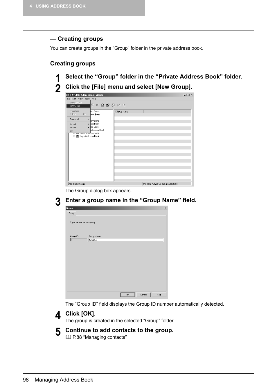 P.98 “creating groups | Toshiba E-STUDIO 165  EN User Manual | Page 98 / 118