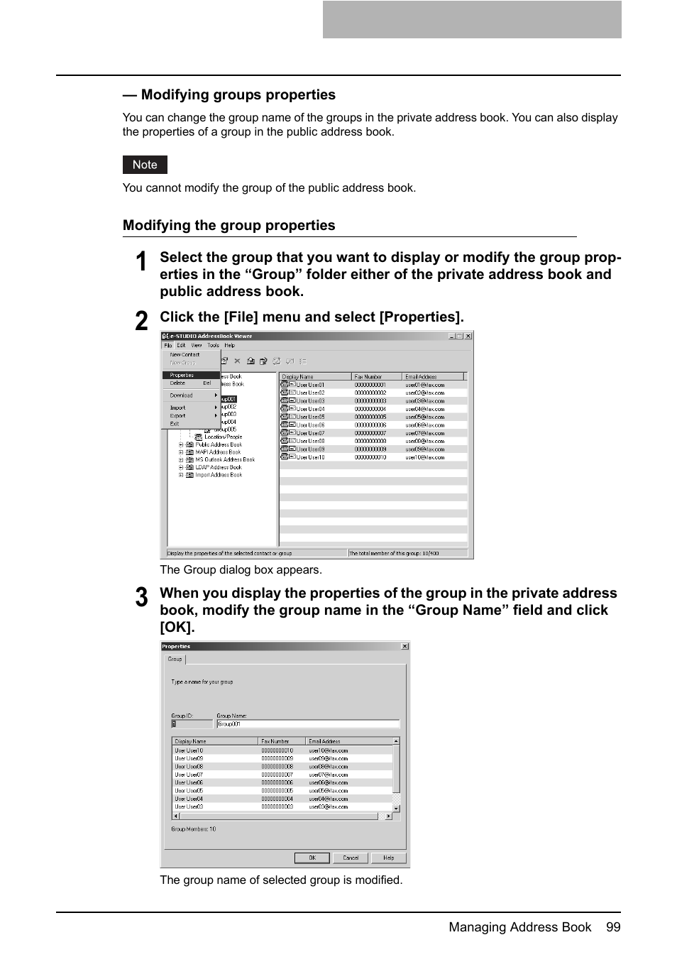 P.99 “modifying groups properties | Toshiba E-STUDIO 165  EN User Manual | Page 99 / 118