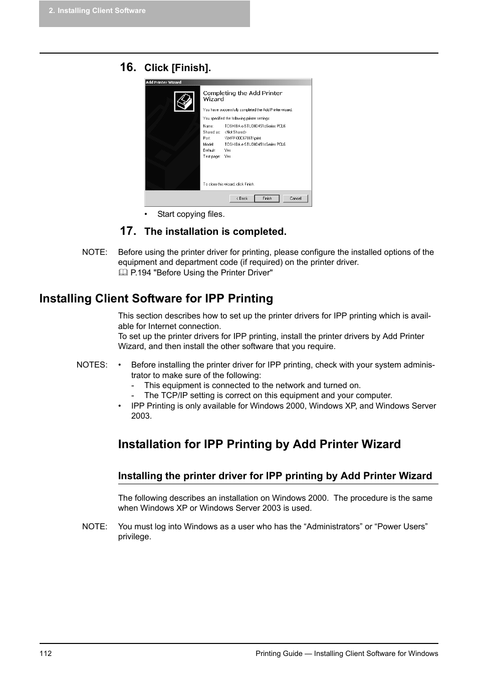 Installing client software for ipp printing, P.112 "installing client software for ipp printing | Toshiba E-STUDIO 351C User Manual | Page 112 / 372