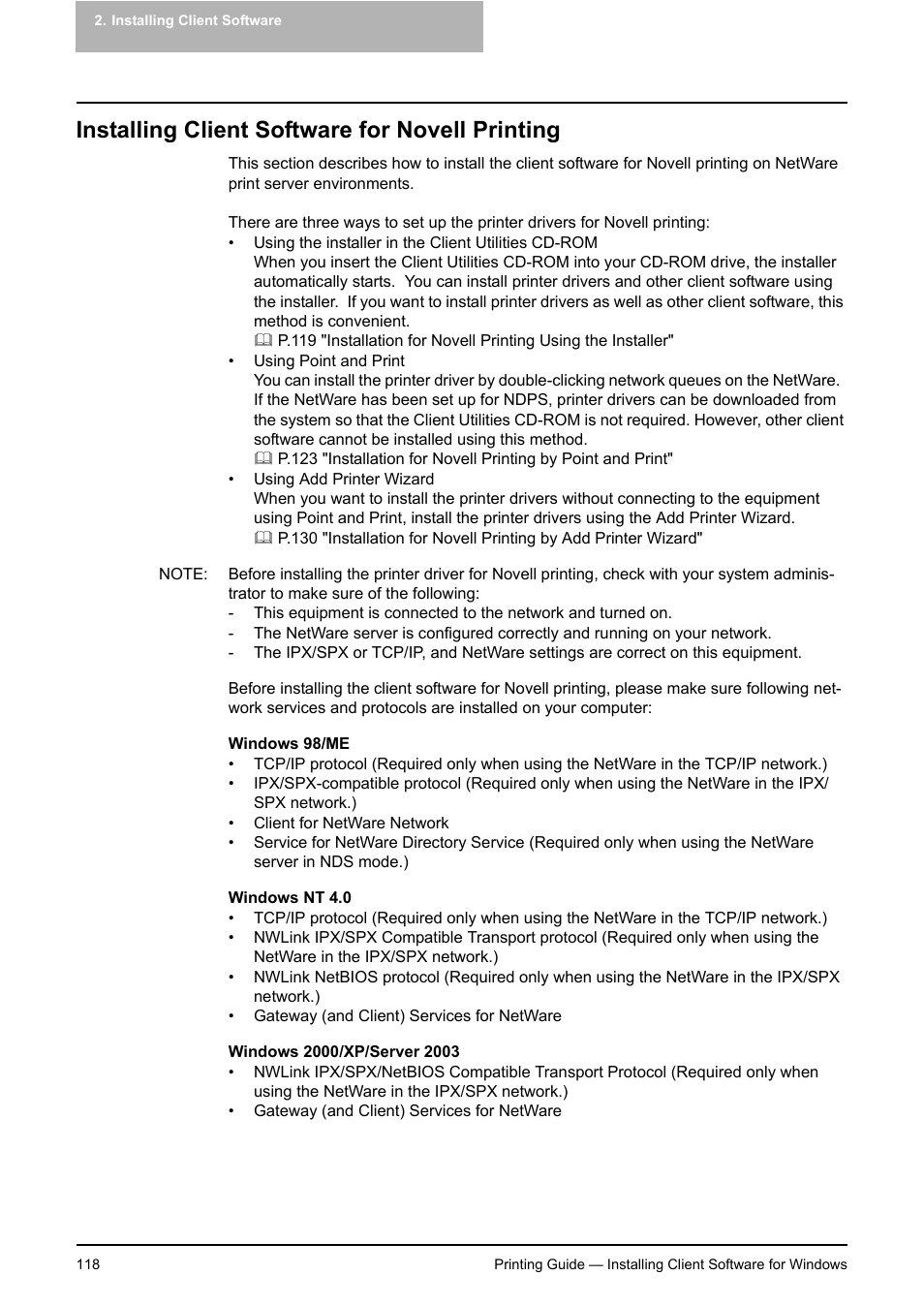 Installing client software for novell printing | Toshiba E-STUDIO 351C User Manual | Page 118 / 372