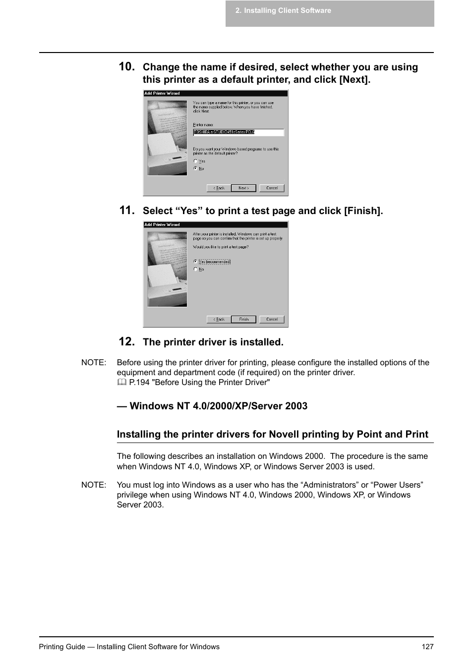 Windows nt 4.0/2000/xp/server 2003, P.127 "windows nt 4.0/2000/xp/server 2003 | Toshiba E-STUDIO 351C User Manual | Page 127 / 372