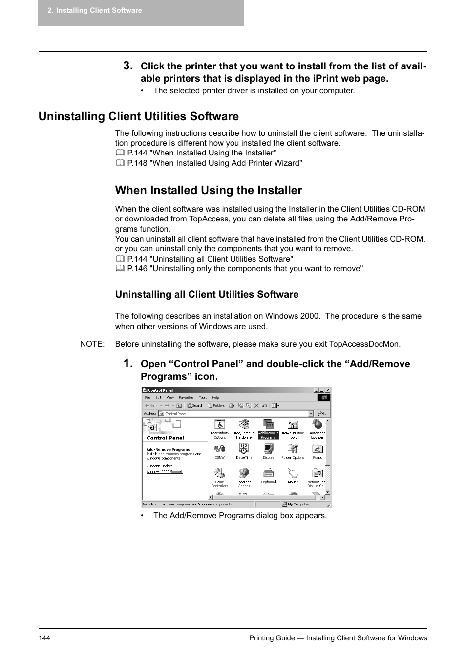 Uninstalling client utilities software, When installed using the installer | Toshiba E-STUDIO 351C User Manual | Page 144 / 372