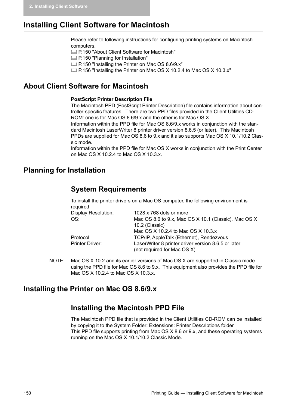 Installing client software for macintosh, About client software for macintosh, Planning for installation | System requirements, Installing the printer on mac os 8.6/9.x, Installing the macintosh ppd file, P.150 "about client software for macintosh, Planning for installation system requirements | Toshiba E-STUDIO 351C User Manual | Page 150 / 372