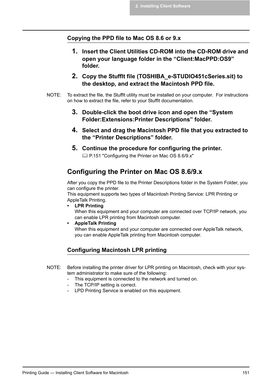 Configuring the printer on mac os 8.6/9.x | Toshiba E-STUDIO 351C User Manual | Page 151 / 372