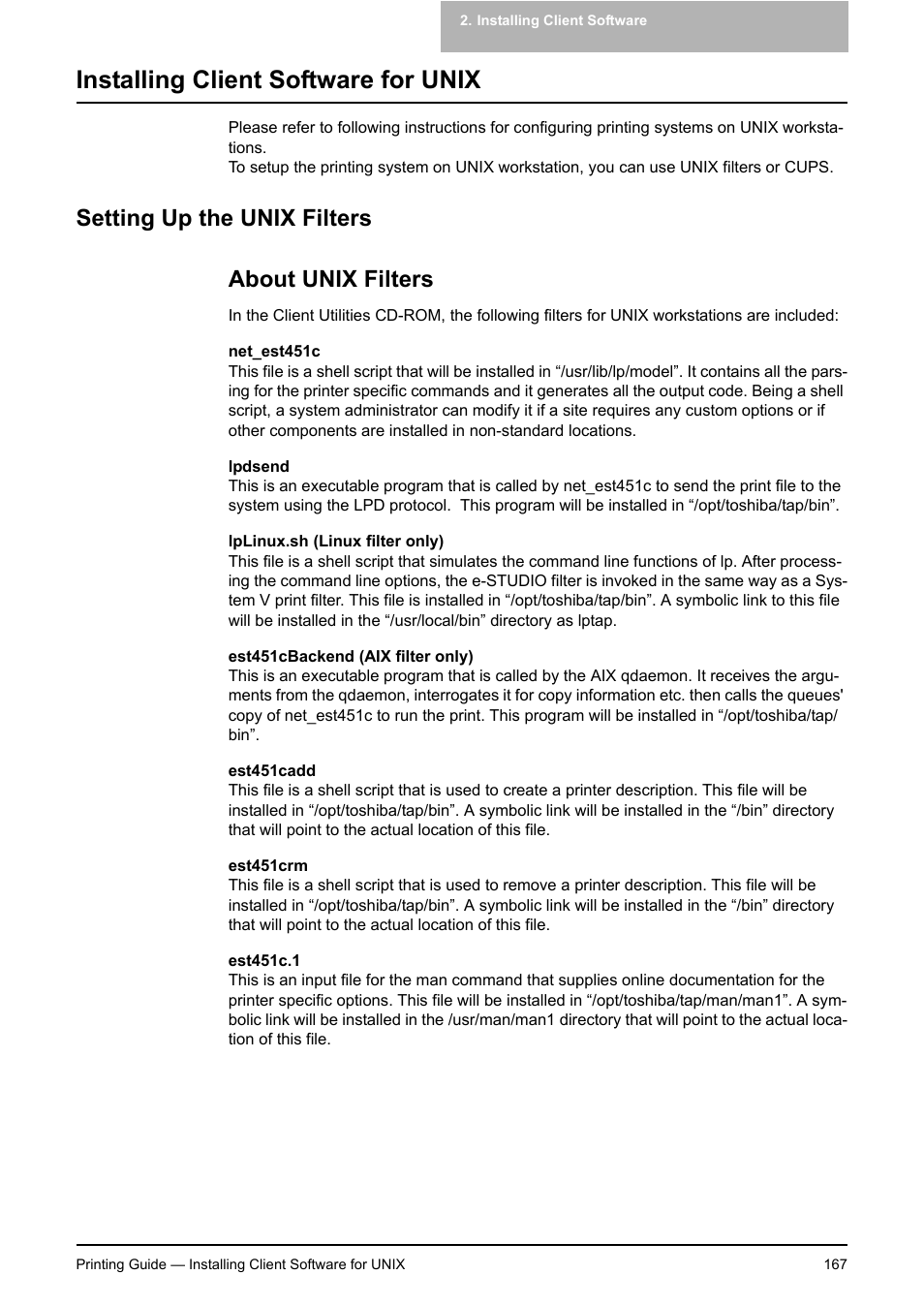 Installing client software for unix, Setting up the unix filters, About unix filters | P.167 "about unix filters, Setting up the unix filters about unix filters | Toshiba E-STUDIO 351C User Manual | Page 167 / 372