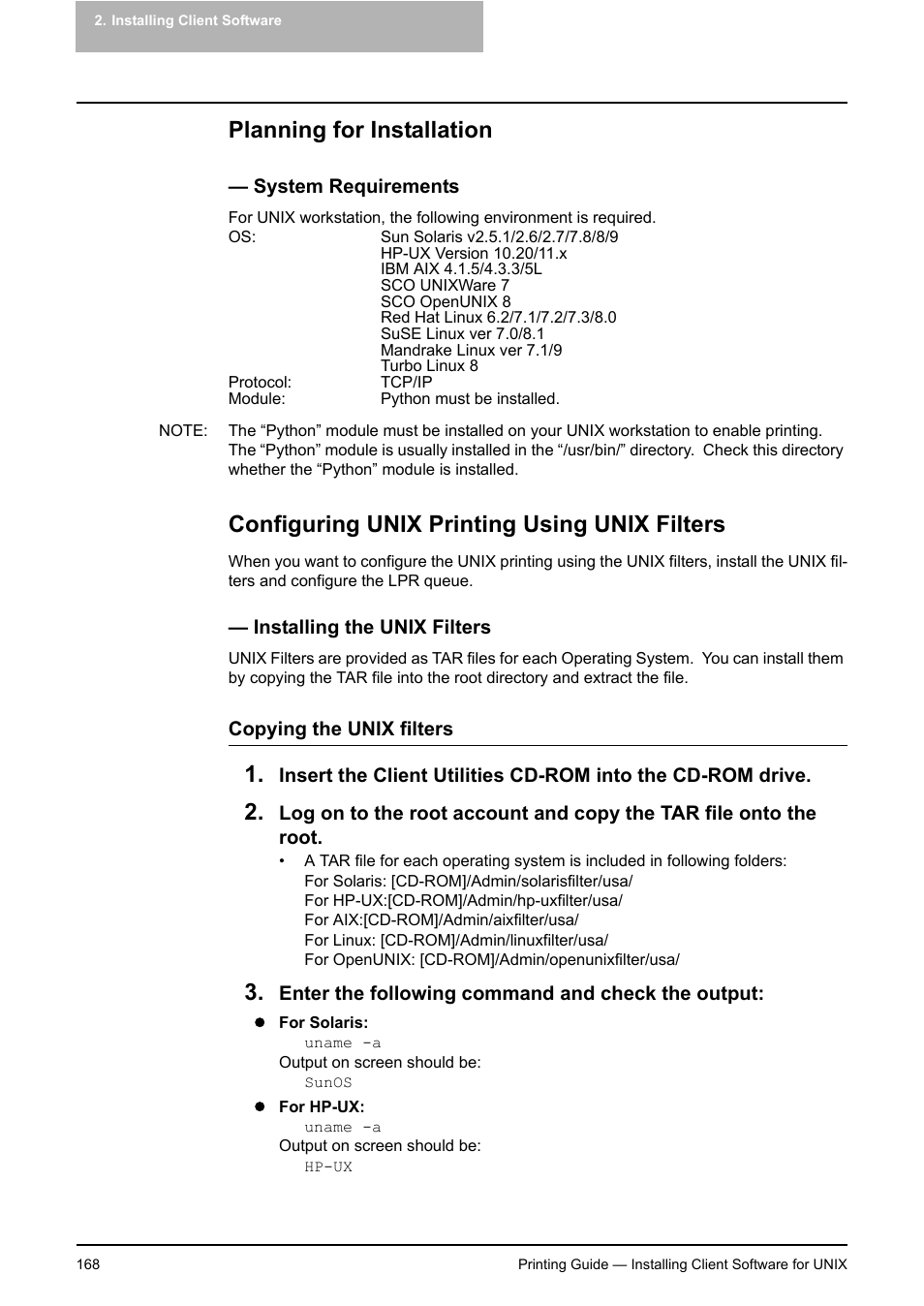 Planning for installation, System requirements, Configuring unix printing using unix filters | Installing the unix filters | Toshiba E-STUDIO 351C User Manual | Page 168 / 372