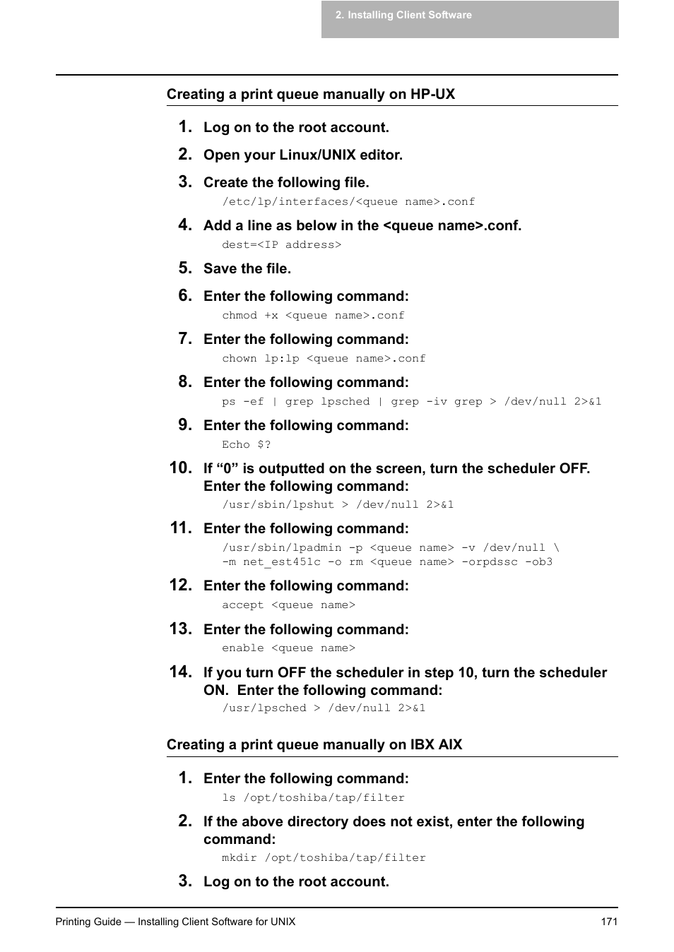P.171 "creating a print queue manually on hp-ux, P.171 "creating a print queue manually on ibx aix | Toshiba E-STUDIO 351C User Manual | Page 171 / 372