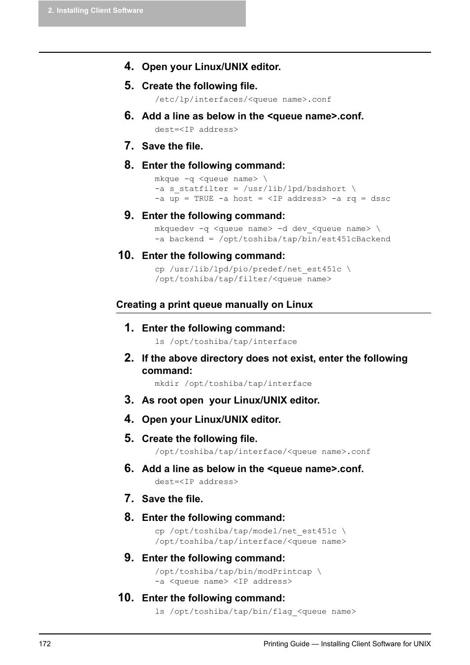 P.172 "creating a print queue manually on linux | Toshiba E-STUDIO 351C User Manual | Page 172 / 372