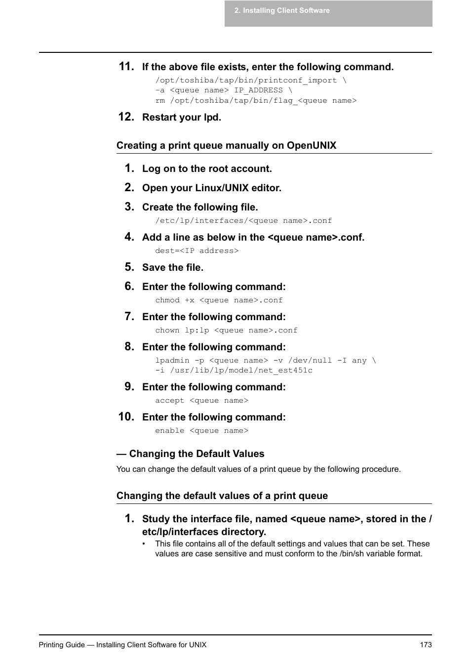 Changing the default values, P.173 "creating a print queue manually on openunix | Toshiba E-STUDIO 351C User Manual | Page 173 / 372