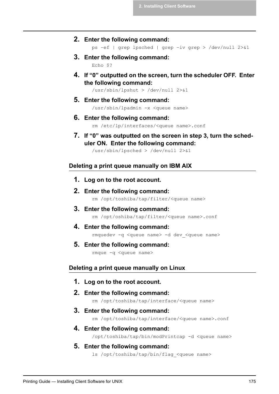 P.175 "deleting a print queue manually on ibm aix, P.175 "deleting a print queue manually on linux | Toshiba E-STUDIO 351C User Manual | Page 175 / 372