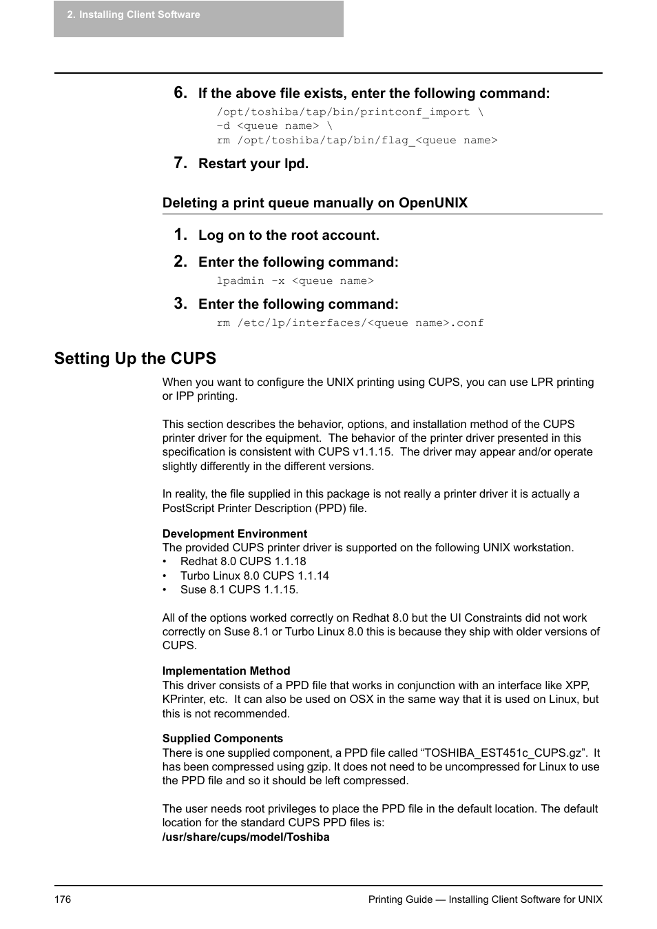 Setting up the cups, P.176 "deleting a print queue manually on openunix | Toshiba E-STUDIO 351C User Manual | Page 176 / 372