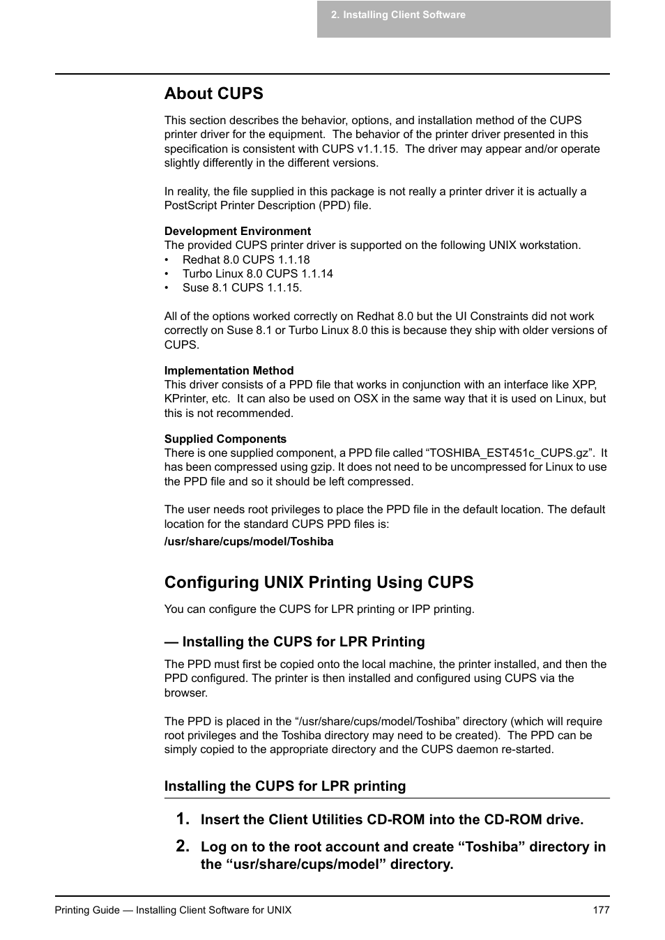 About cups, Configuring unix printing using cups, Installing the cups for lpr printing | About cups configuring unix printing using cups | Toshiba E-STUDIO 351C User Manual | Page 177 / 372
