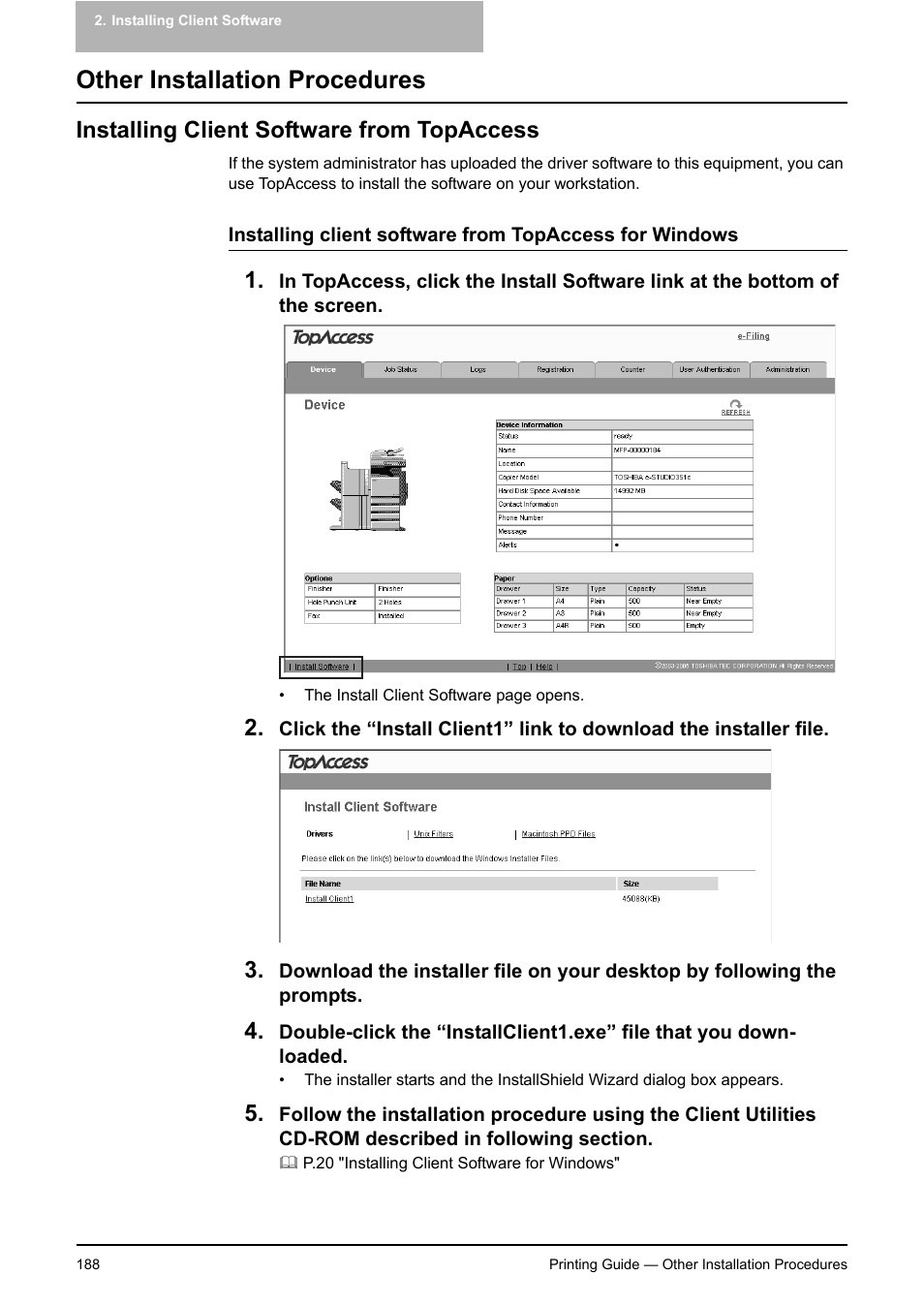 Other installation procedures, Installing client software from topaccess | Toshiba E-STUDIO 351C User Manual | Page 188 / 372