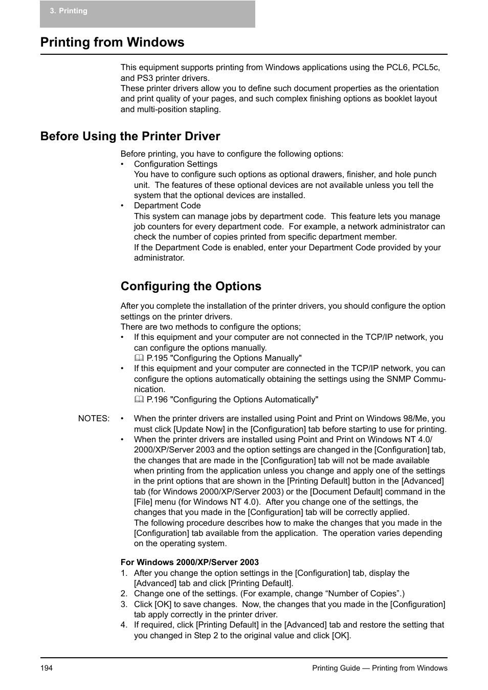 Printing from windows, Before using the printer driver, Configuring the options | P.194 "before using the printer driver | Toshiba E-STUDIO 351C User Manual | Page 194 / 372