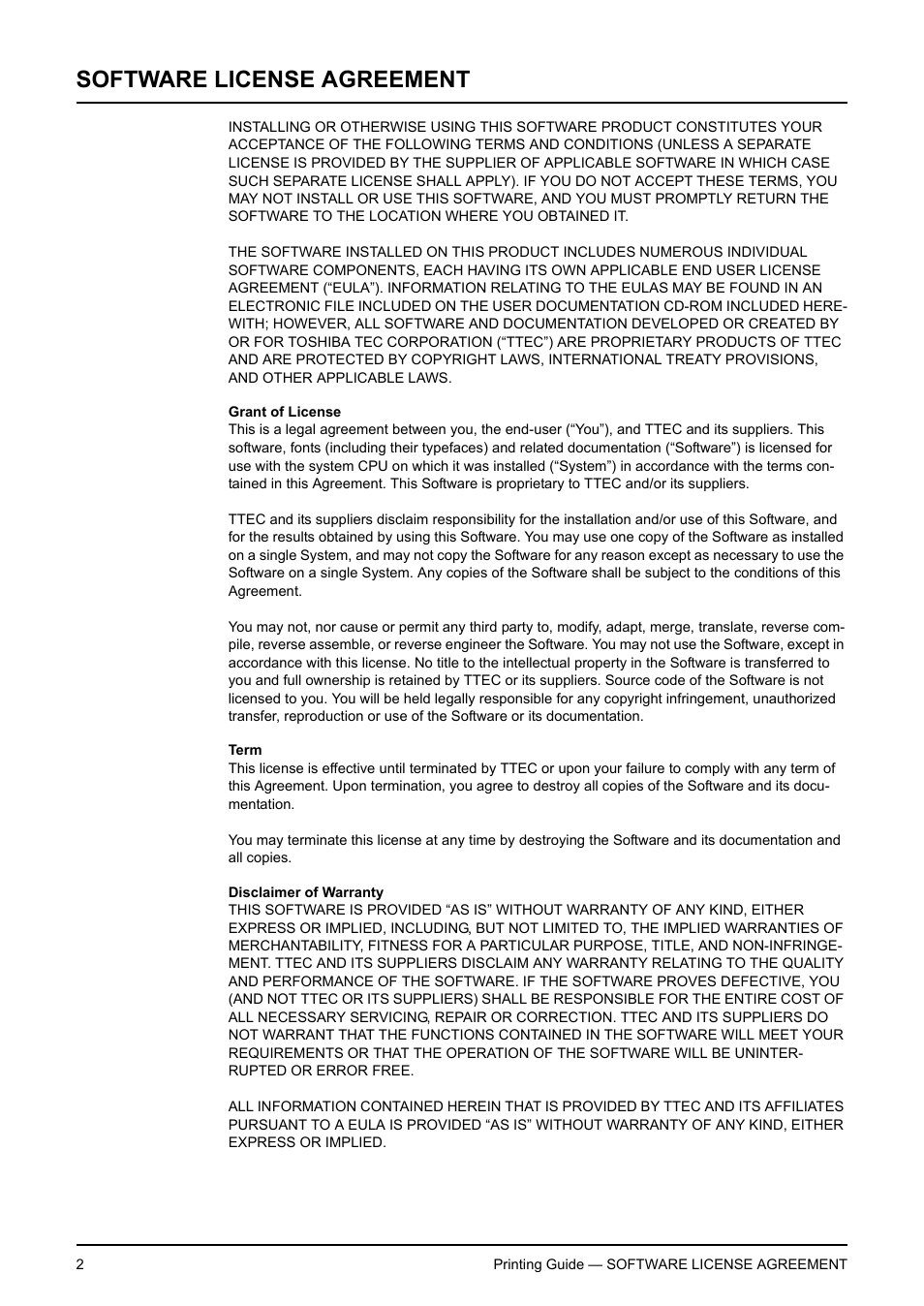 Software license agreement | Toshiba E-STUDIO 351C User Manual | Page 2 / 372