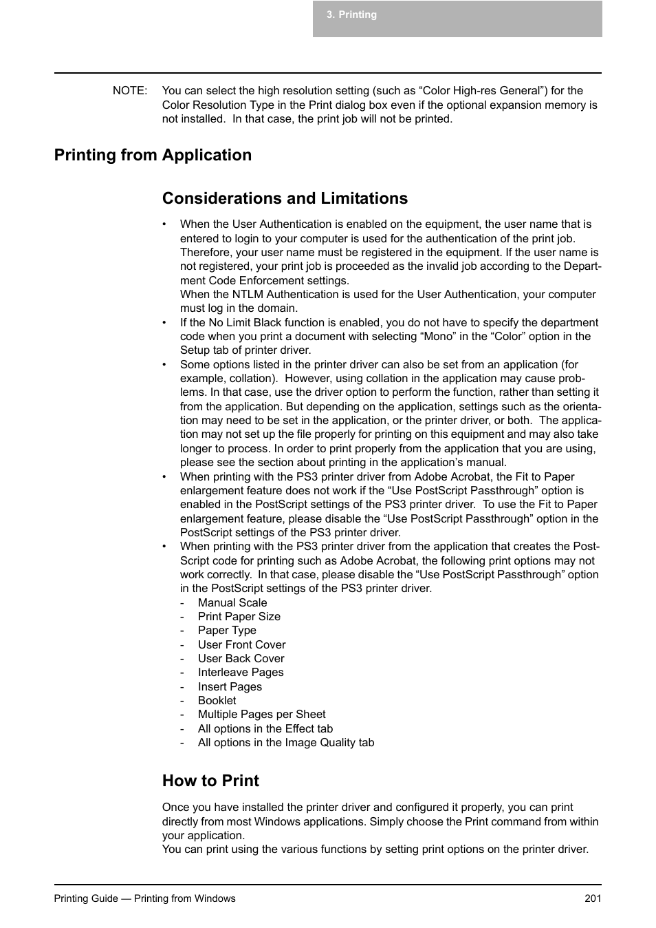 Printing from application, Considerations and limitations, How to print | Considerations and limitations how to print | Toshiba E-STUDIO 351C User Manual | Page 201 / 372