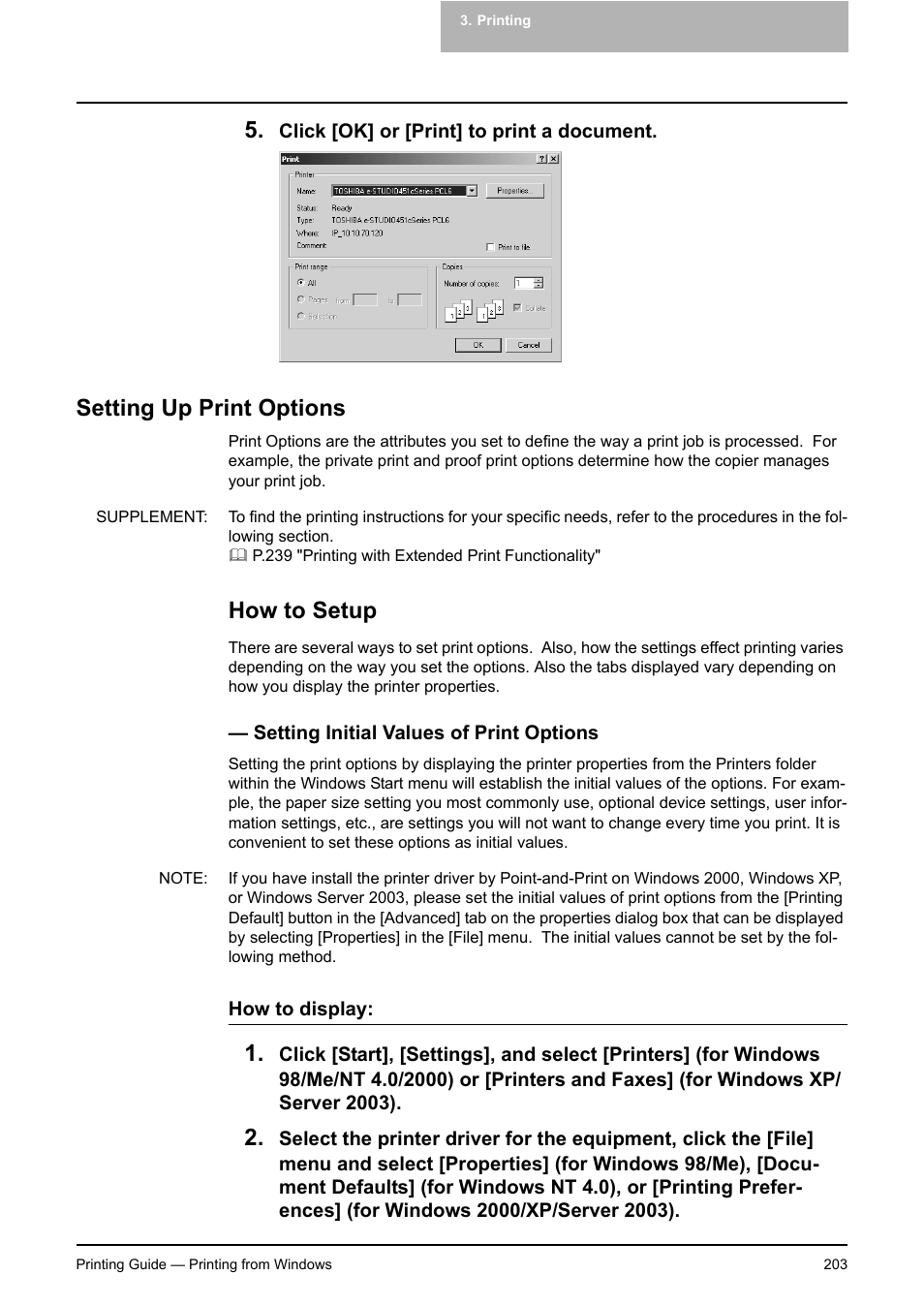Setting up print options, How to setup, Setting initial values of print options | Toshiba E-STUDIO 351C User Manual | Page 203 / 372