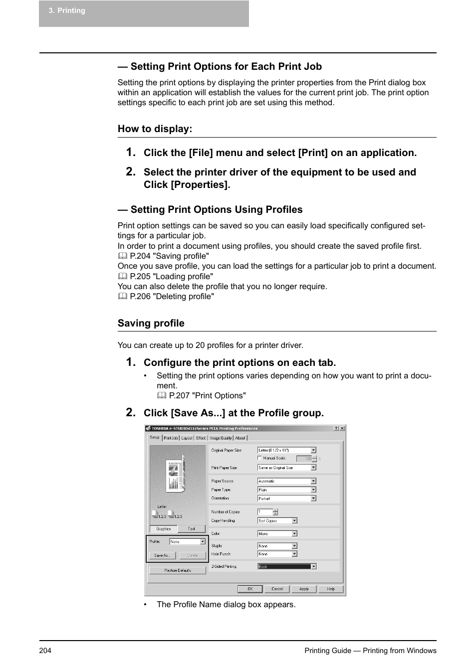 Setting print options for each print job, Setting print options using profiles, P.204 "setting print options using profiles | Toshiba E-STUDIO 351C User Manual | Page 204 / 372