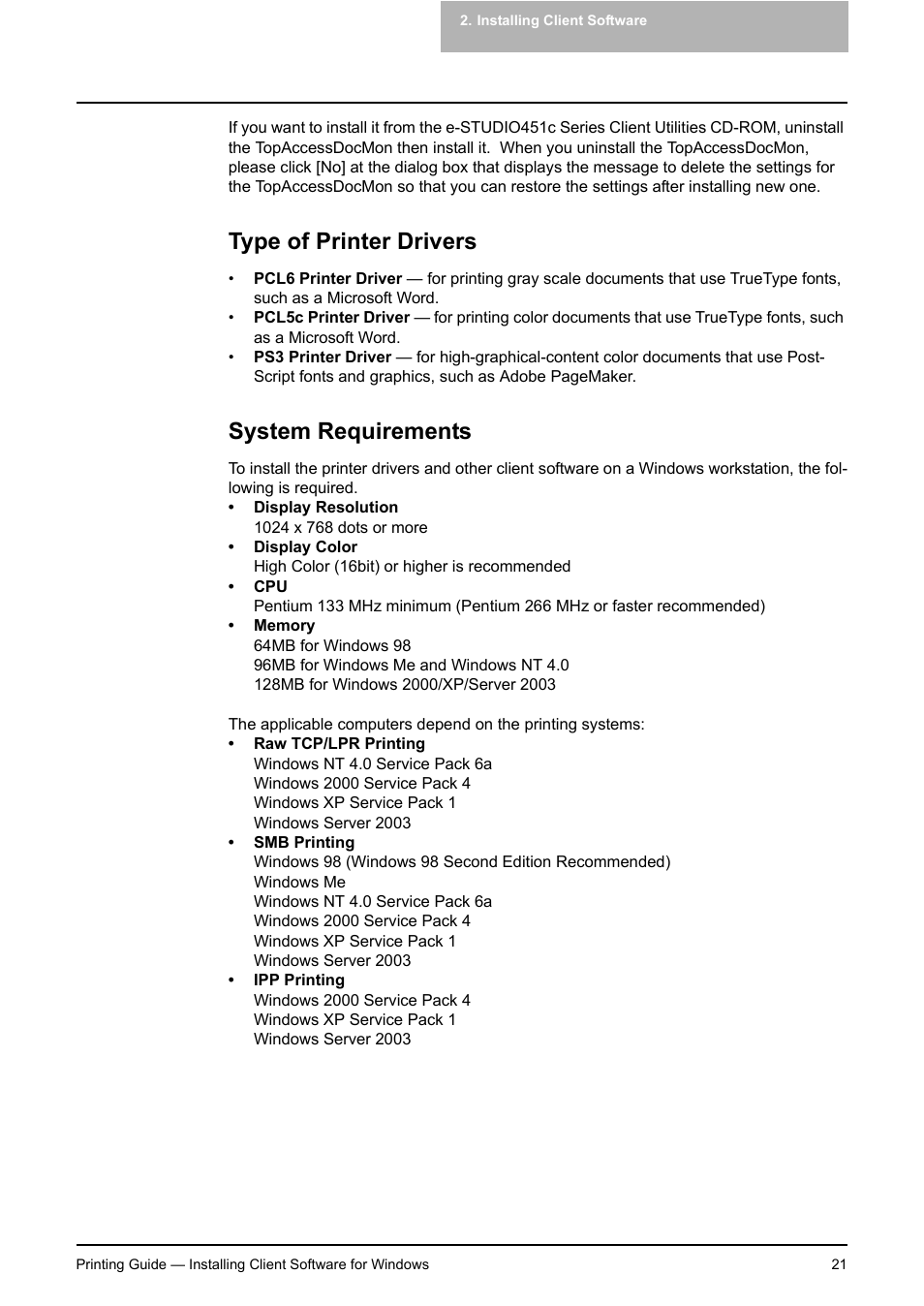 Type of printer drivers, System requirements, Type of printer drivers system requirements | Toshiba E-STUDIO 351C User Manual | Page 21 / 372