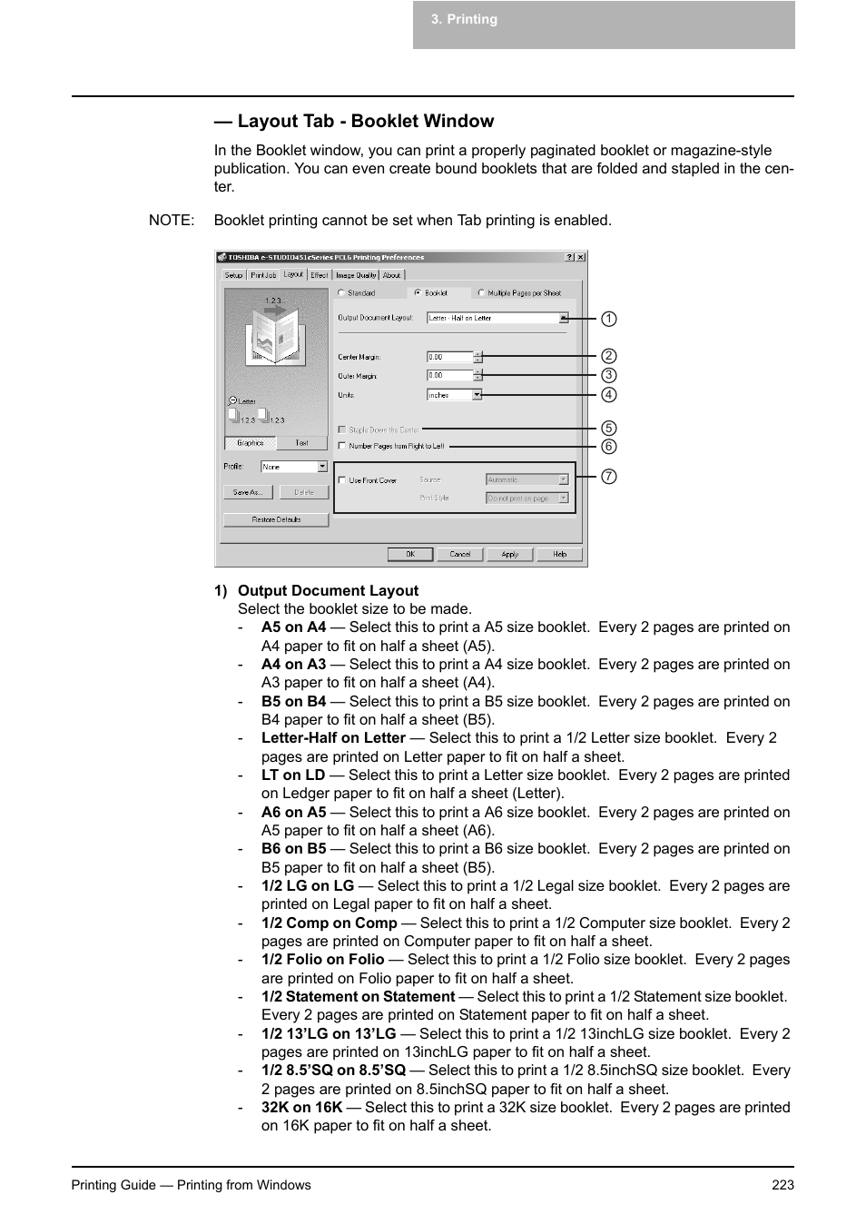 Layout tab - booklet window, P.223 "layout tab - booklet window | Toshiba E-STUDIO 351C User Manual | Page 223 / 372