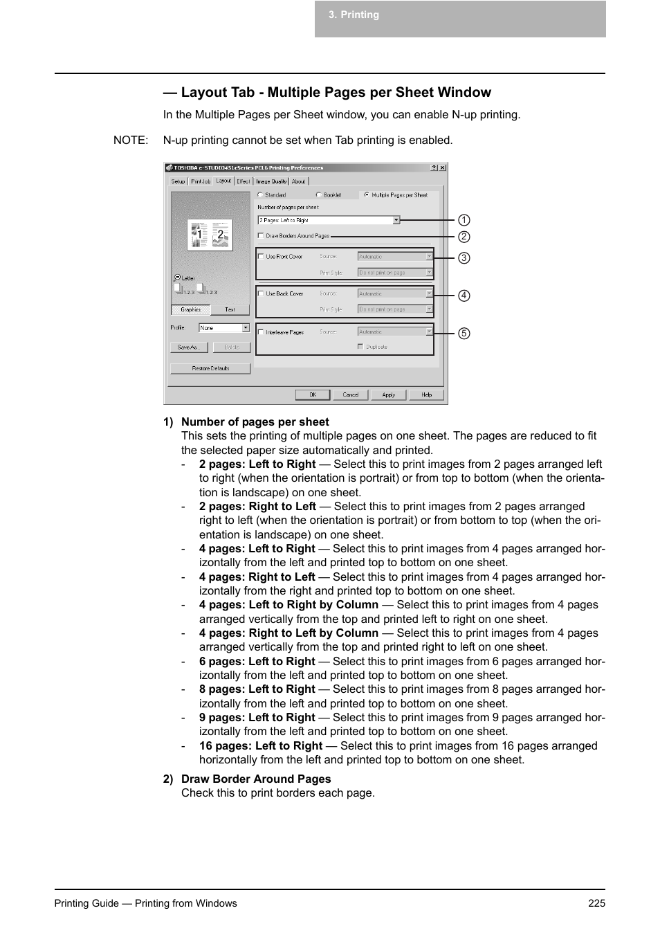 Layout tab - multiple pages per sheet window | Toshiba E-STUDIO 351C User Manual | Page 225 / 372