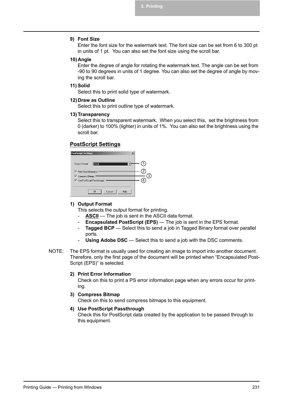 P.231 "postscript settings | Toshiba E-STUDIO 351C User Manual | Page 231 / 372