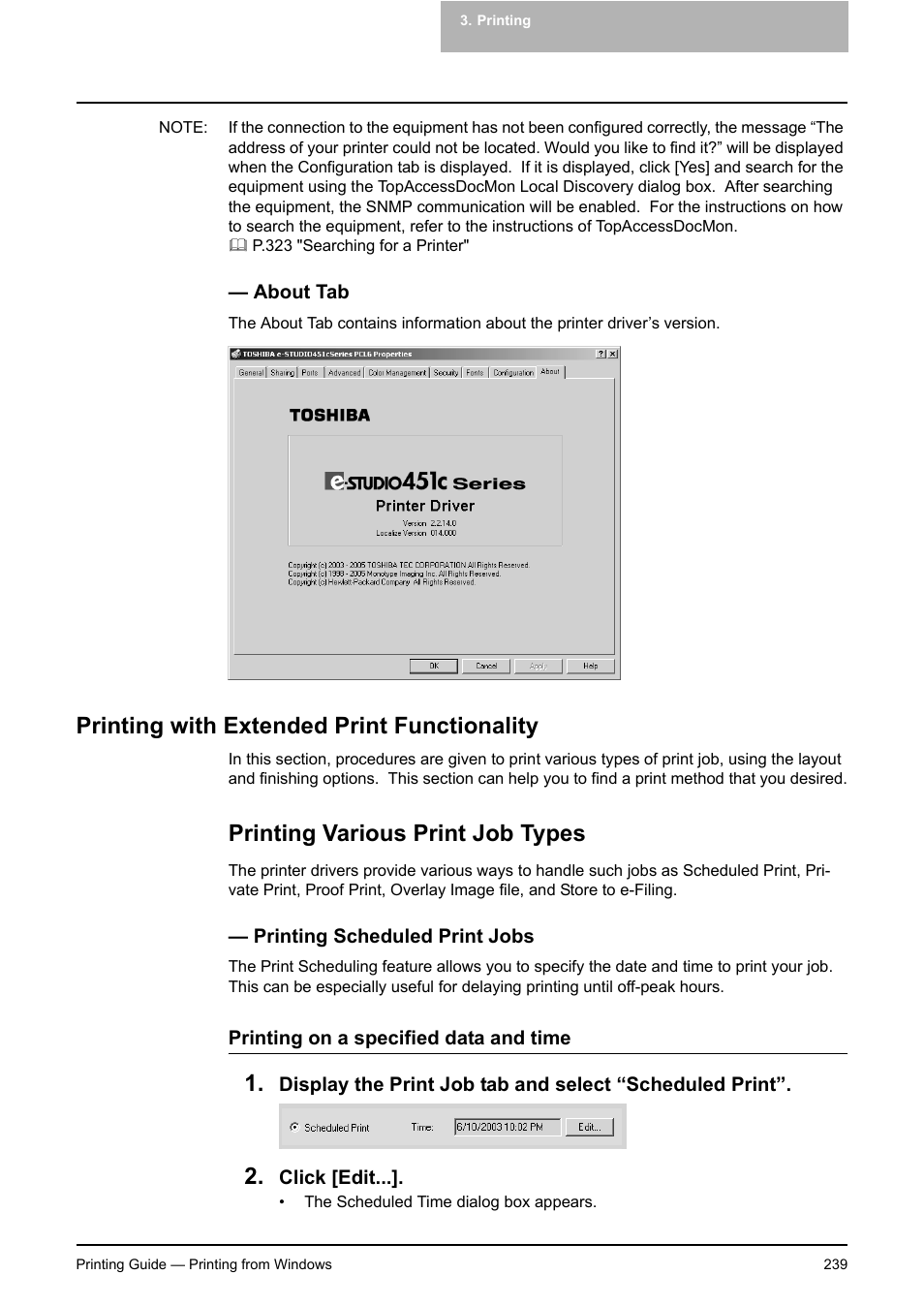 About tab, Printing with extended print functionality, Printing various print job types | Printing scheduled print jobs, P.239 "about tab | Toshiba E-STUDIO 351C User Manual | Page 239 / 372