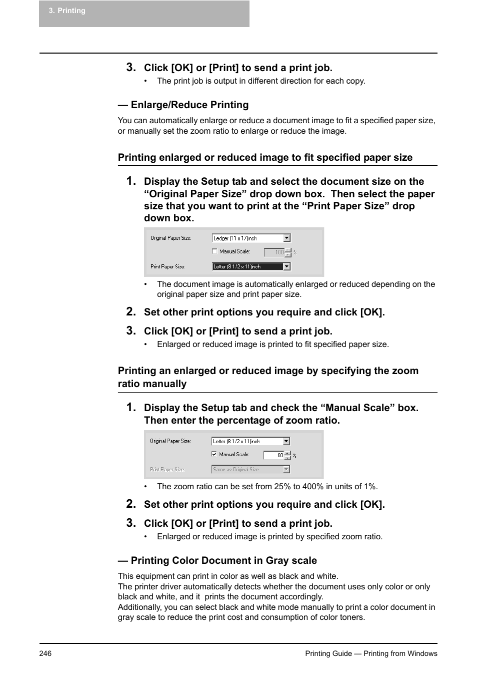 Enlarge/reduce printing, Printing color document in gray scale | Toshiba E-STUDIO 351C User Manual | Page 246 / 372
