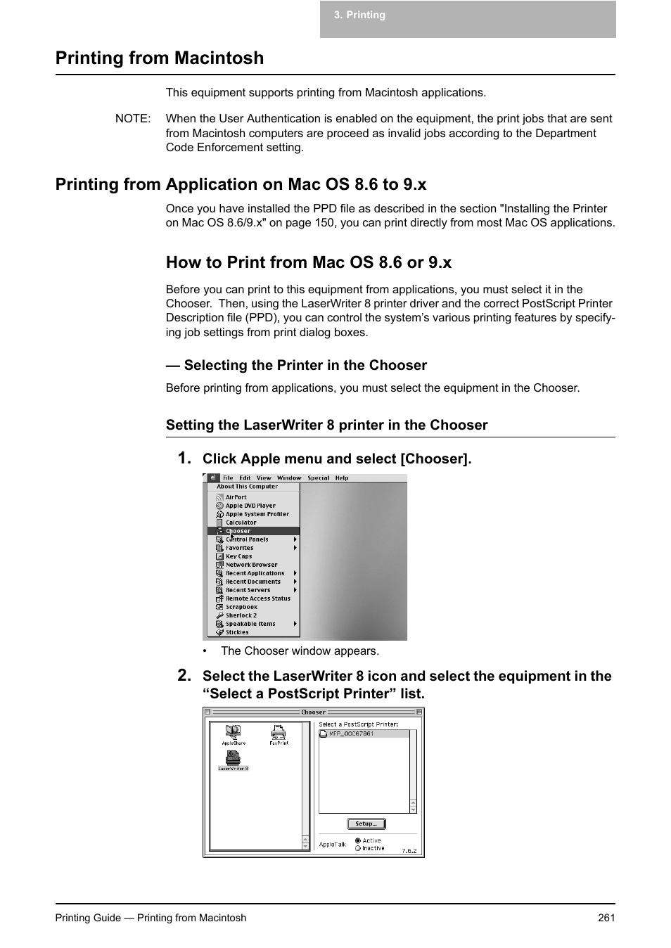 Printing from macintosh, Printing from application on mac os 8.6 to 9.x, How to print from mac os 8.6 or 9.x | Selecting the printer in the chooser | Toshiba E-STUDIO 351C User Manual | Page 261 / 372
