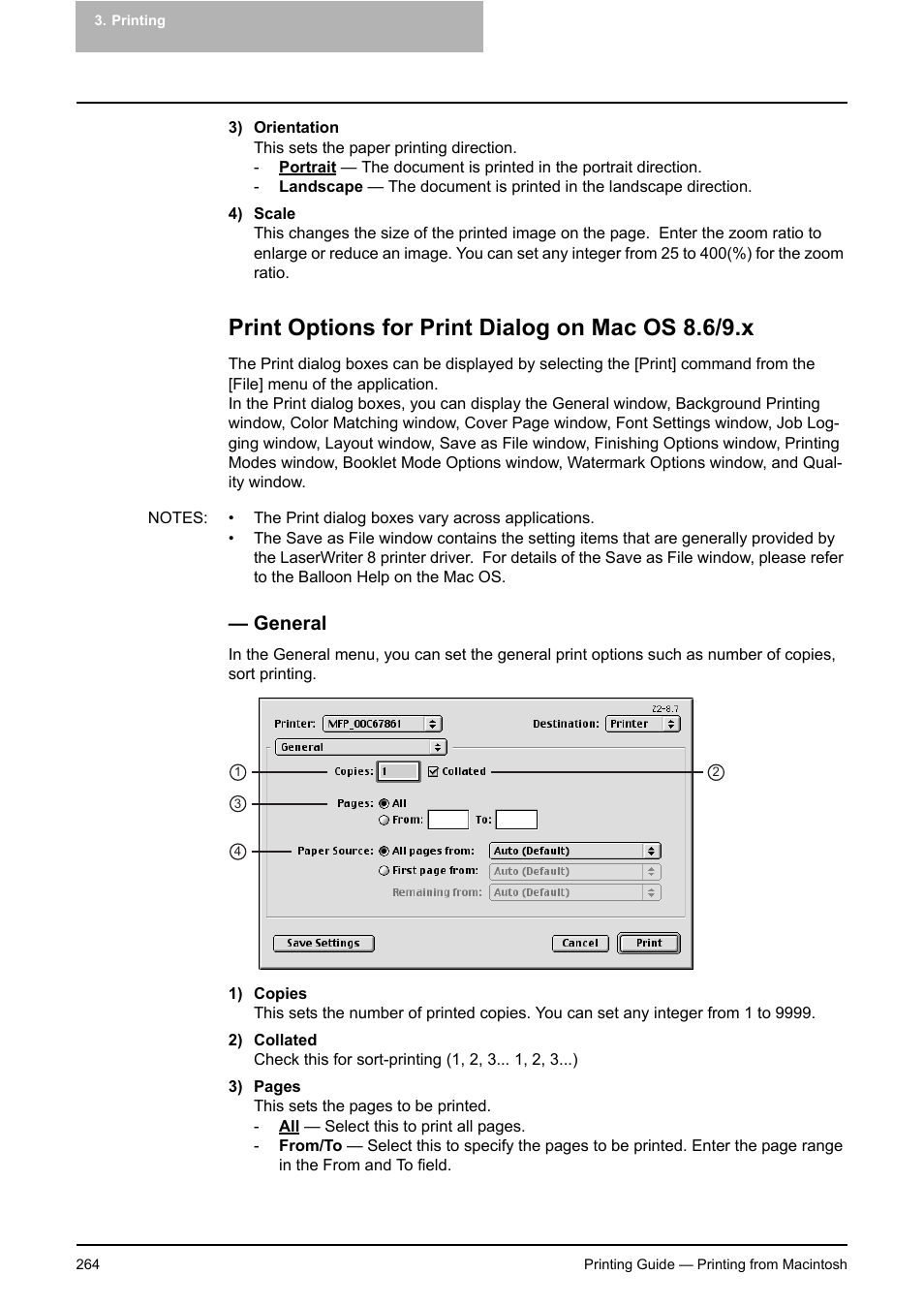 Print options for print dialog on mac os 8.6/9.x, General | Toshiba E-STUDIO 351C User Manual | Page 264 / 372