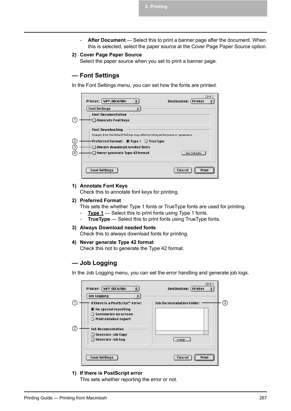 Font settings, Job logging, Font settings job logging | Toshiba E-STUDIO 351C User Manual | Page 267 / 372