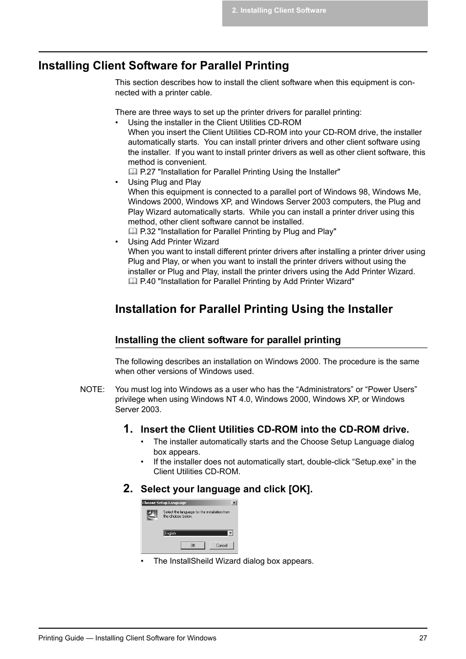 Installing client software for parallel printing | Toshiba E-STUDIO 351C User Manual | Page 27 / 372