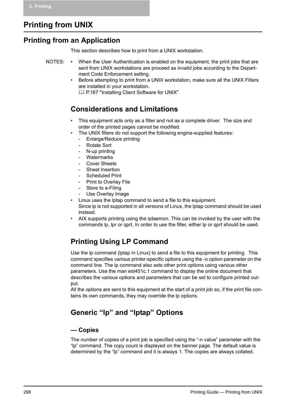 Printing from unix, Printing from an application, Considerations and limitations | Printing using lp command, Generic “lp” and “lptap” options, Copies | Toshiba E-STUDIO 351C User Manual | Page 298 / 372