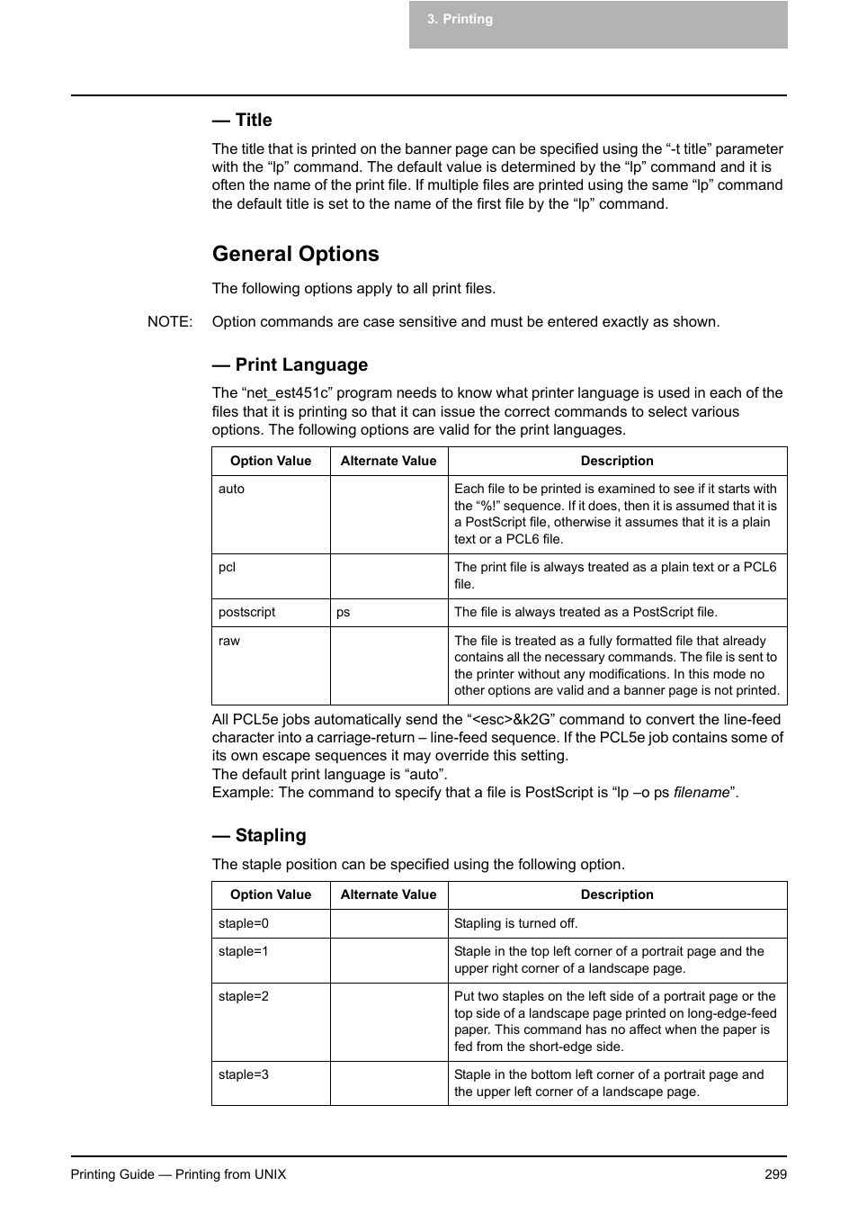 Title, General options, Print language | Stapling | Toshiba E-STUDIO 351C User Manual | Page 299 / 372