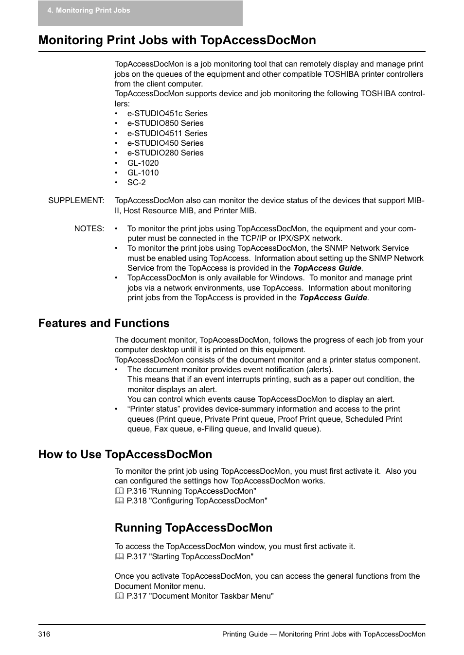 Monitoring print jobs with topaccessdocmon, Features and functions, How to use topaccessdocmon | Running topaccessdocmon, Features and functions how to use topaccessdocmon | Toshiba E-STUDIO 351C User Manual | Page 316 / 372