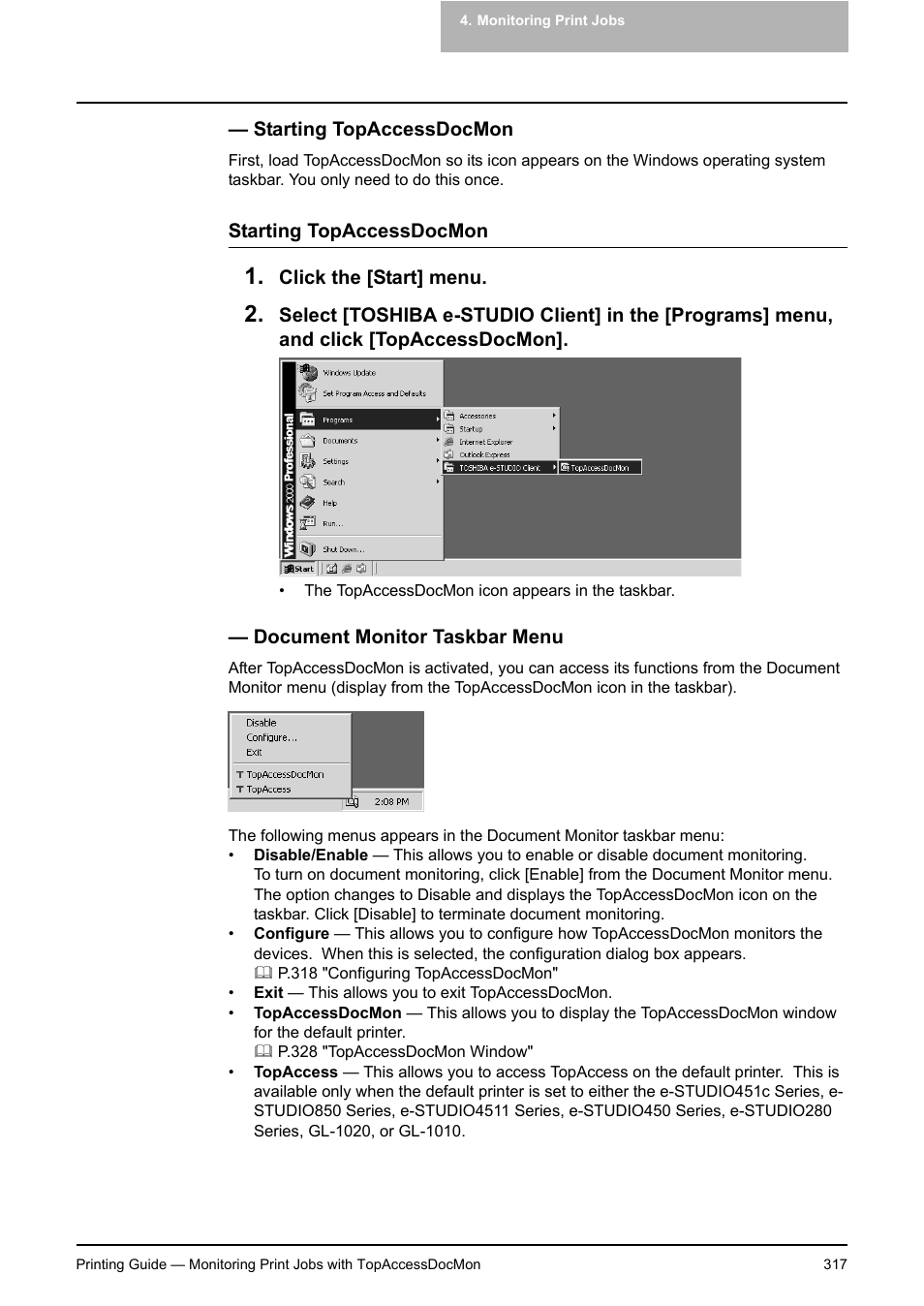 Starting topaccessdocmon, Document monitor taskbar menu, P.317 "starting topaccessdocmon | P.317 "document monitor taskbar menu | Toshiba E-STUDIO 351C User Manual | Page 317 / 372
