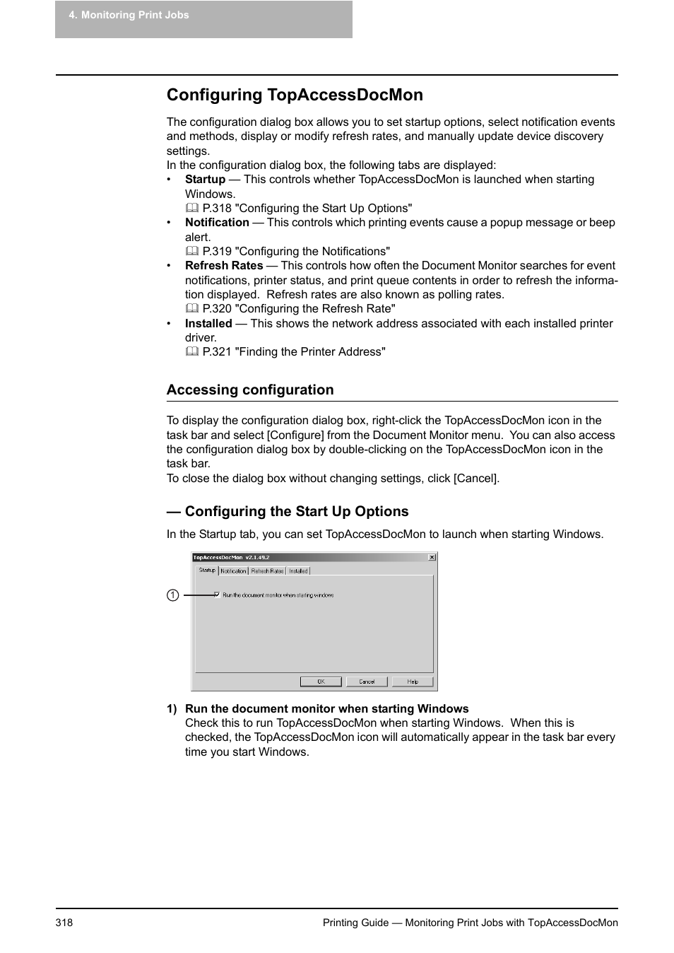 Configuring topaccessdocmon, Configuring the start up options, P.318 "configuring topaccessdocmon | Accessing configuration | Toshiba E-STUDIO 351C User Manual | Page 318 / 372