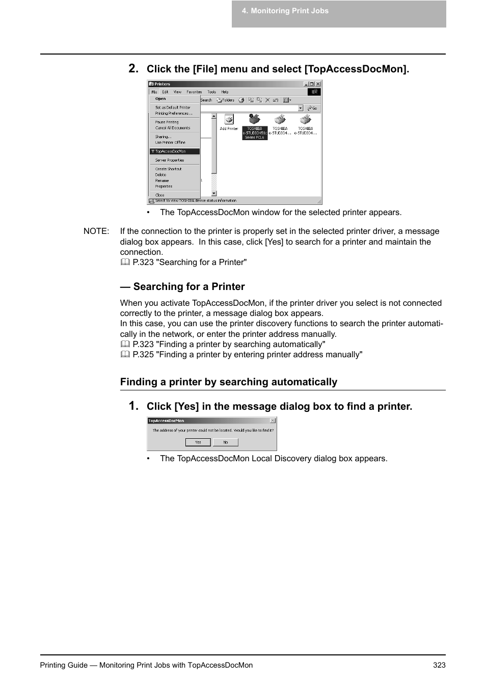 Searching for a printer, P.323 "searching for a printer | Toshiba E-STUDIO 351C User Manual | Page 323 / 372