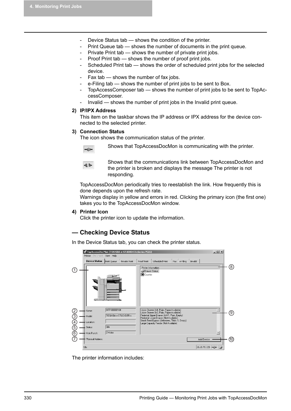 Checking device status | Toshiba E-STUDIO 351C User Manual | Page 330 / 372