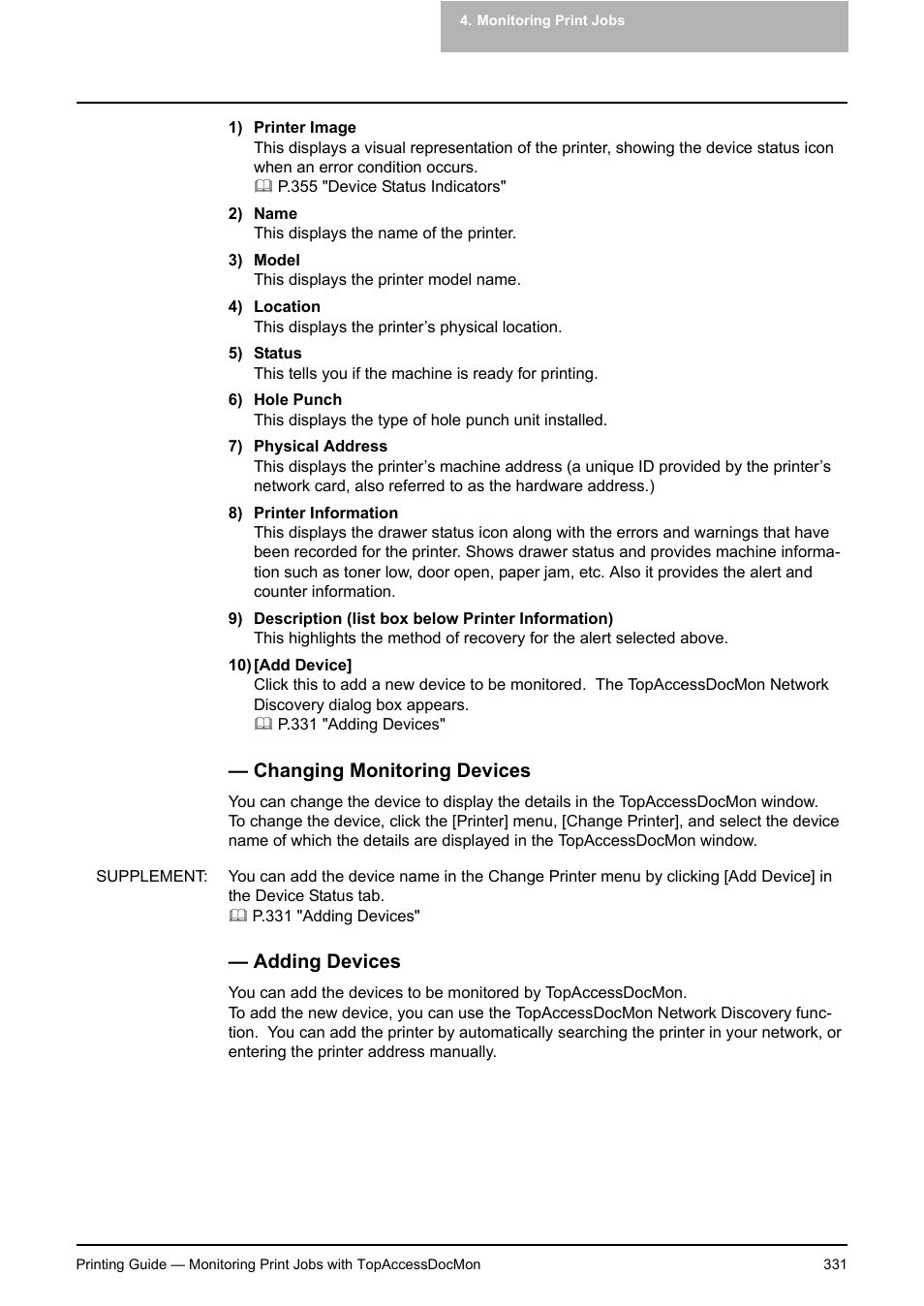 Changing monitoring devices, Adding devices, Changing monitoring devices adding devices | P.331 "changing monitoring devices | Toshiba E-STUDIO 351C User Manual | Page 331 / 372