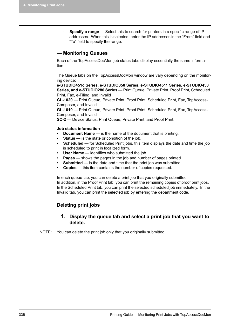 Monitoring queues, P.336 "monitoring queues, Deleting print jobs | Toshiba E-STUDIO 351C User Manual | Page 336 / 372