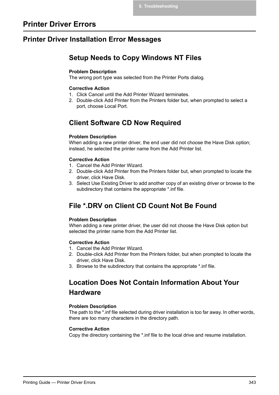 Printer driver errors, Printer driver installation error messages, Setup needs to copy windows nt files | Client software cd now required, File *.drv on client cd count not be found | Toshiba E-STUDIO 351C User Manual | Page 343 / 372