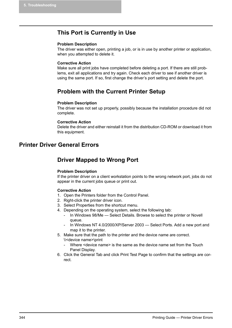 This port is currently in use, Problem with the current printer setup, Printer driver general errors | Driver mapped to wrong port, P.344 "driver mapped to, Wrong port | Toshiba E-STUDIO 351C User Manual | Page 344 / 372