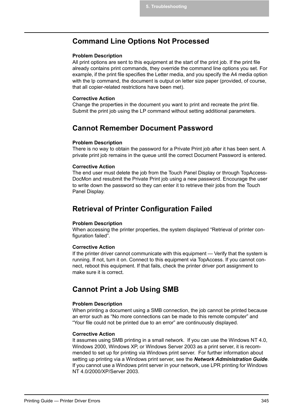 Command line options not processed, Cannot remember document password, Retrieval of printer configuration failed | Cannot print a job using smb, P.345 "cannot print a, Job using smb | Toshiba E-STUDIO 351C User Manual | Page 345 / 372