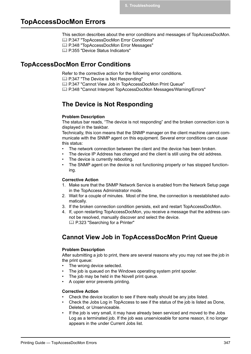 Topaccessdocmon errors, Topaccessdocmon error conditions, The device is not responding | Cannot view job in topaccessdocmon print queue, P.347 "the device is not, Responding | Toshiba E-STUDIO 351C User Manual | Page 347 / 372