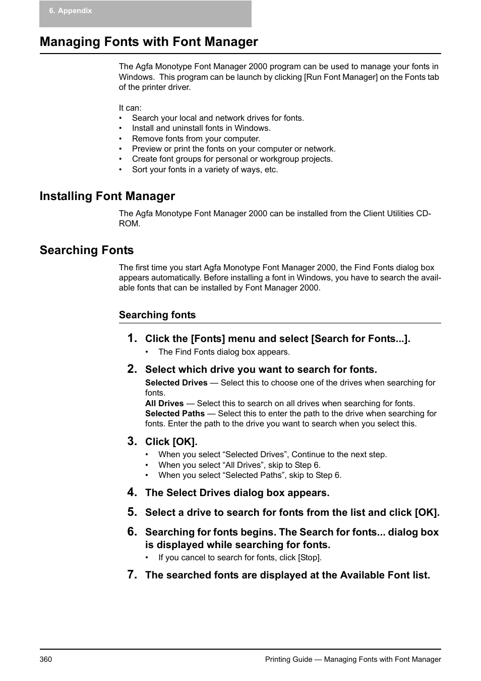 Managing fonts with font manager, Installing font manager, Searching fonts | Installing font manager searching fonts | Toshiba E-STUDIO 351C User Manual | Page 360 / 372