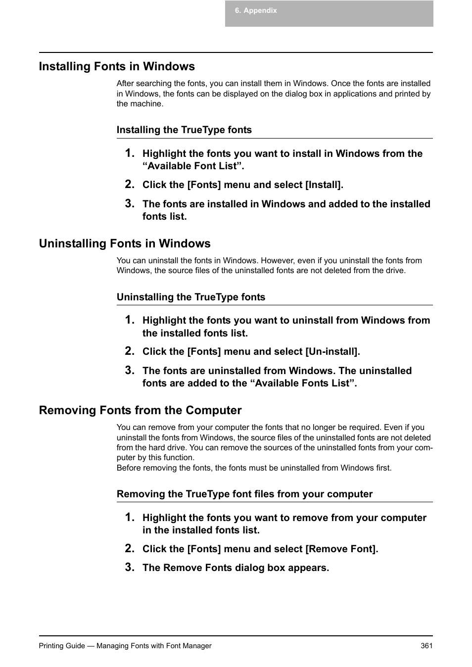 Installing fonts in windows, Uninstalling fonts in windows, Removing fonts from the computer | Toshiba E-STUDIO 351C User Manual | Page 361 / 372
